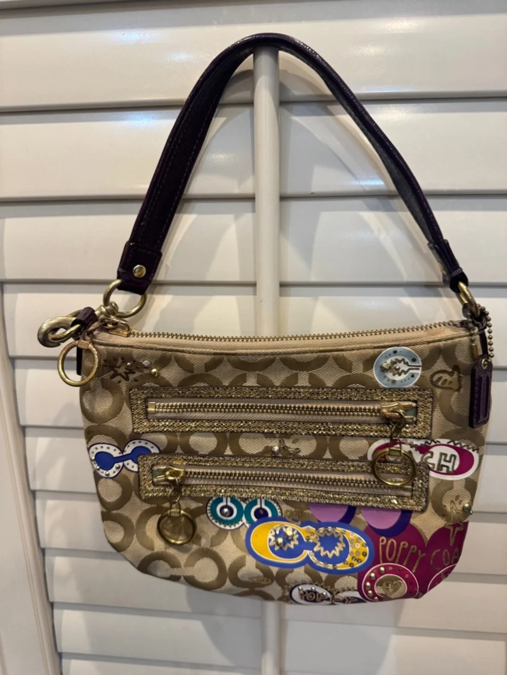 Coach Poppy Beige Signature‎ Canvas Mini Shoulder Bag with Purple Accents